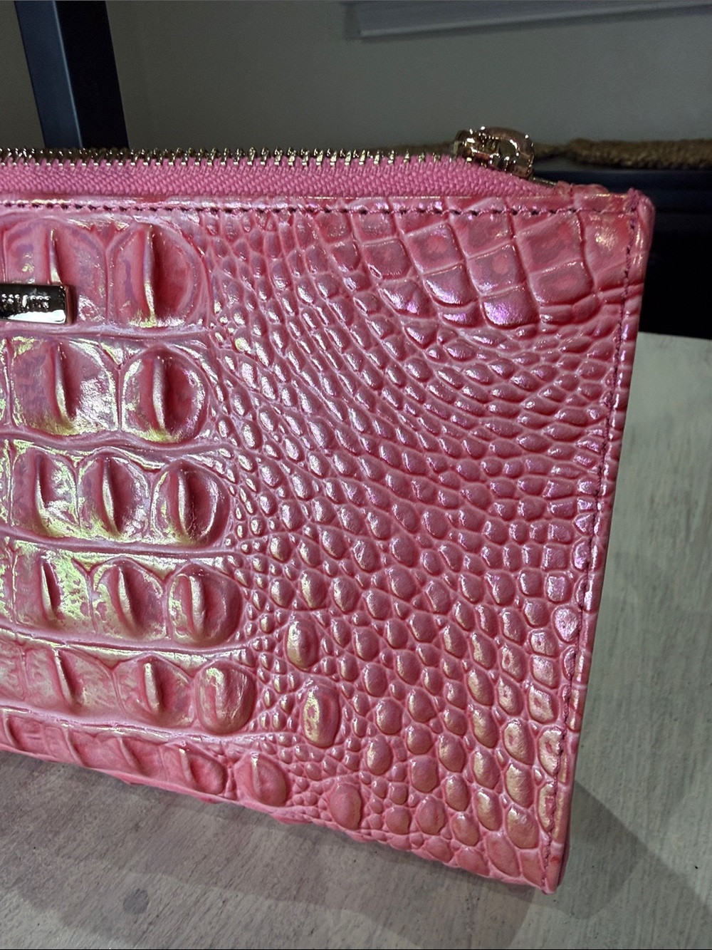 Brahmin Metallic Pink Daisy Croc-Embossed Leather Wristlet with Gold Hardware - Picture 2 of 9
